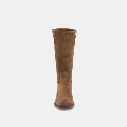 Tall chocolate brown suede western boot with pointed toe and pull tab