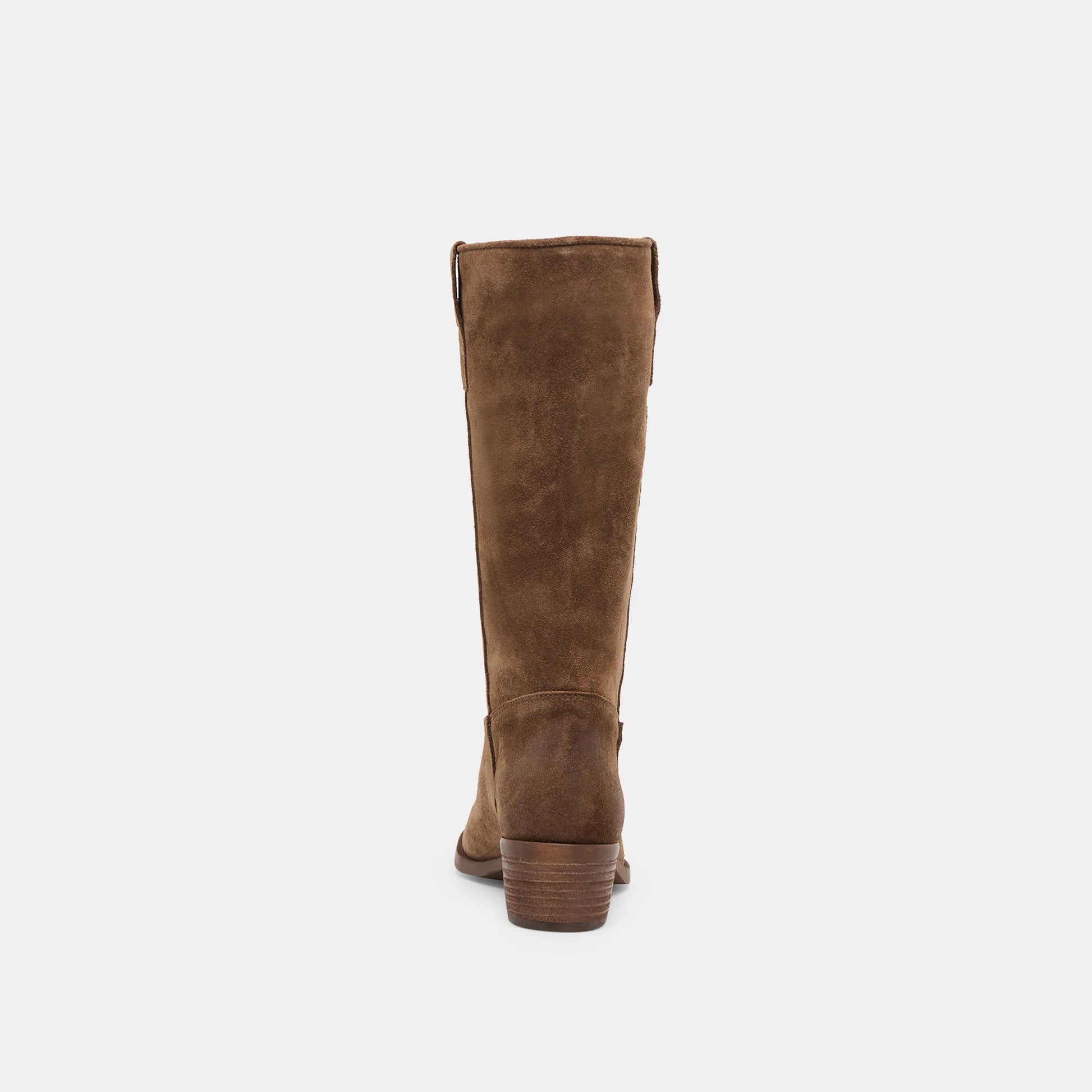 Chocolate brown suede knee-high boot with block heel, rear view
