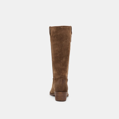 Chocolate brown suede knee-high boot with block heel, rear view