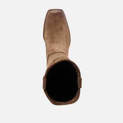 Top view of chocolate brown suede tall boot with square toe and open shaft