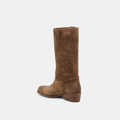 Tall chocolate suede boot with stacked heel, back zip, and pull tab