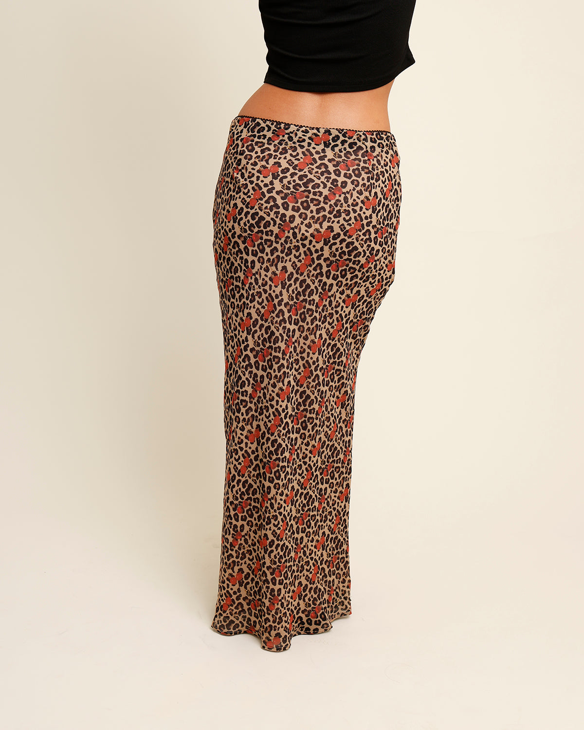 FERAH LEOPARD & CHERRY PRINT LACE TRIM MIDI SKIRT