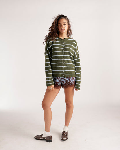 Olive green and white striped button-front knit cardigan with long sleeves