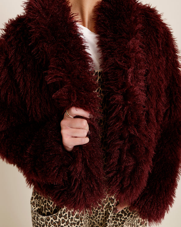 MERLOT SHAGGY FAUX FUR JACKET