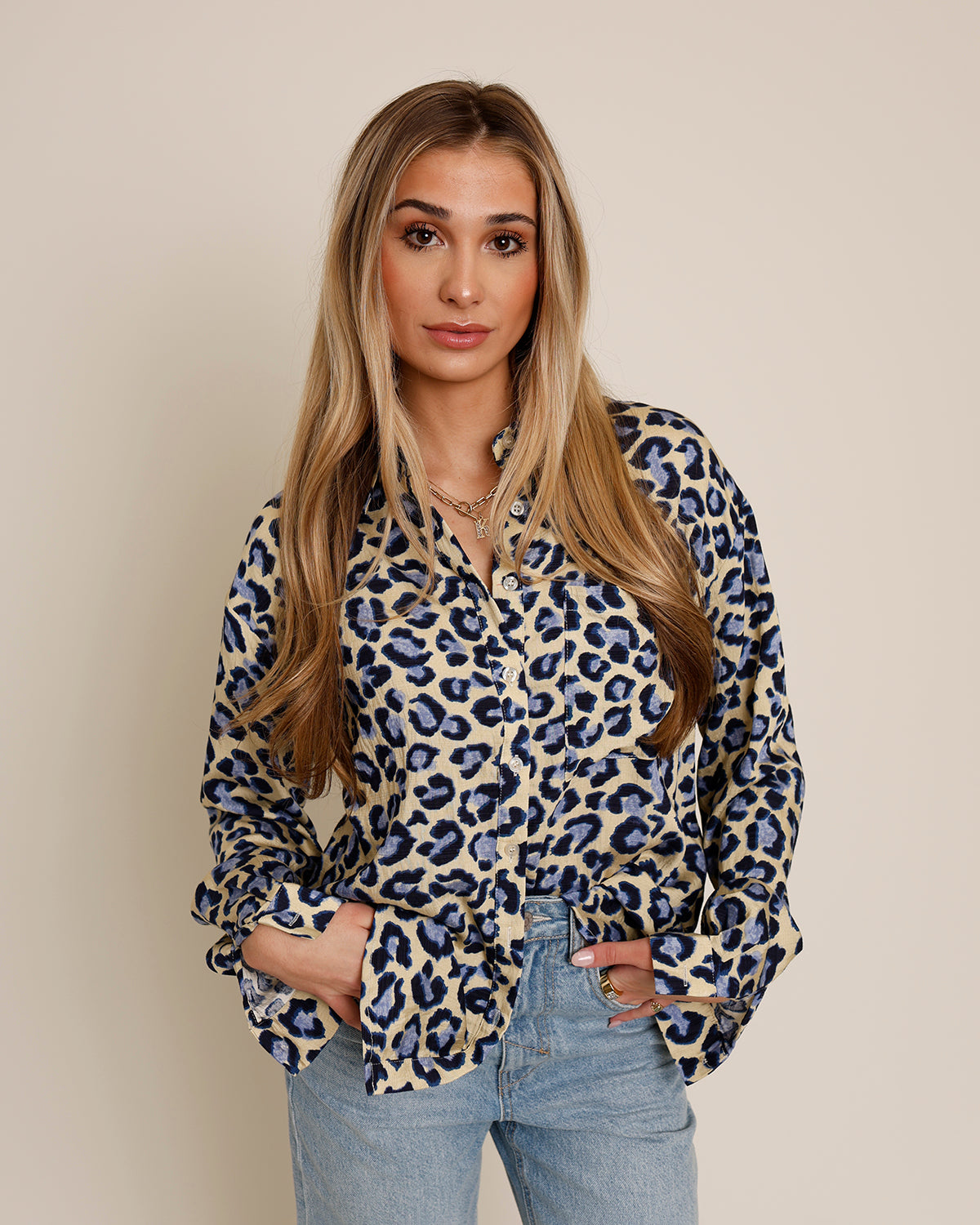 CHEETAH PRINT BUTTON DOWN TOP