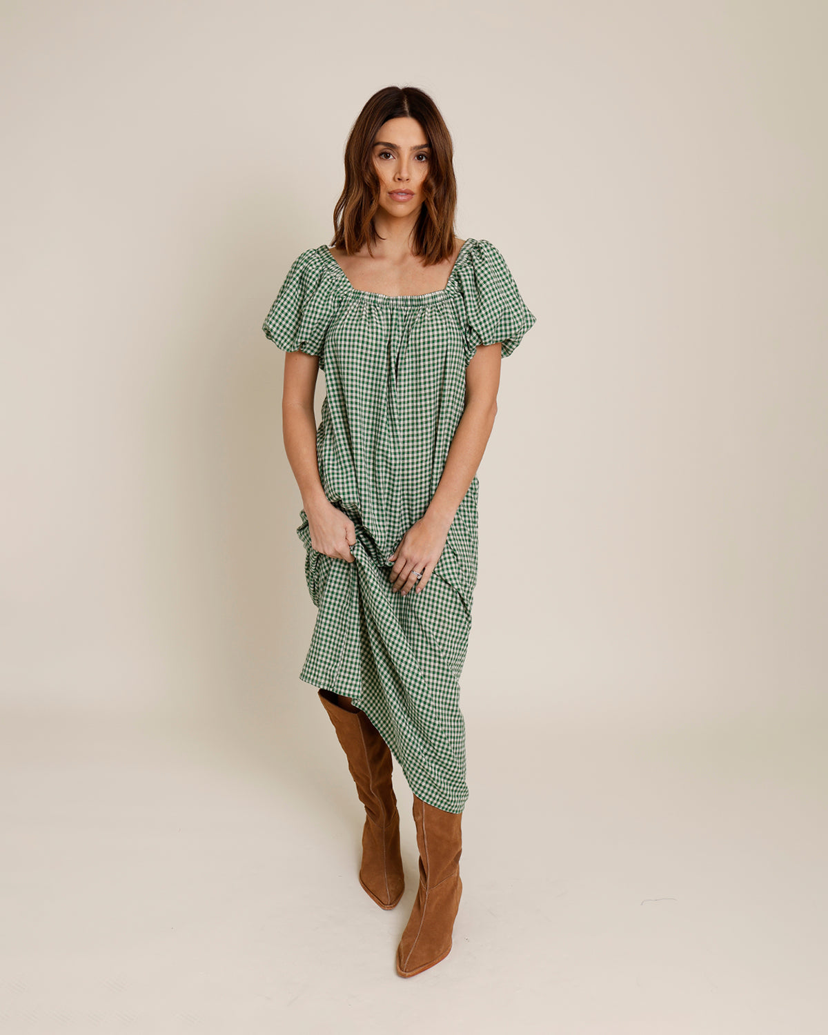 SMITTEN SQUARE NECK MIDI DRESS X GREEN