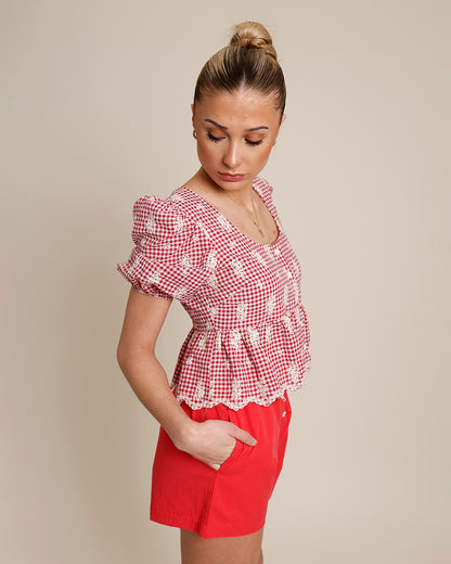 LET'S GRAB LUNCH GINGHAM PUFF SLEEVE CROPPED TOP