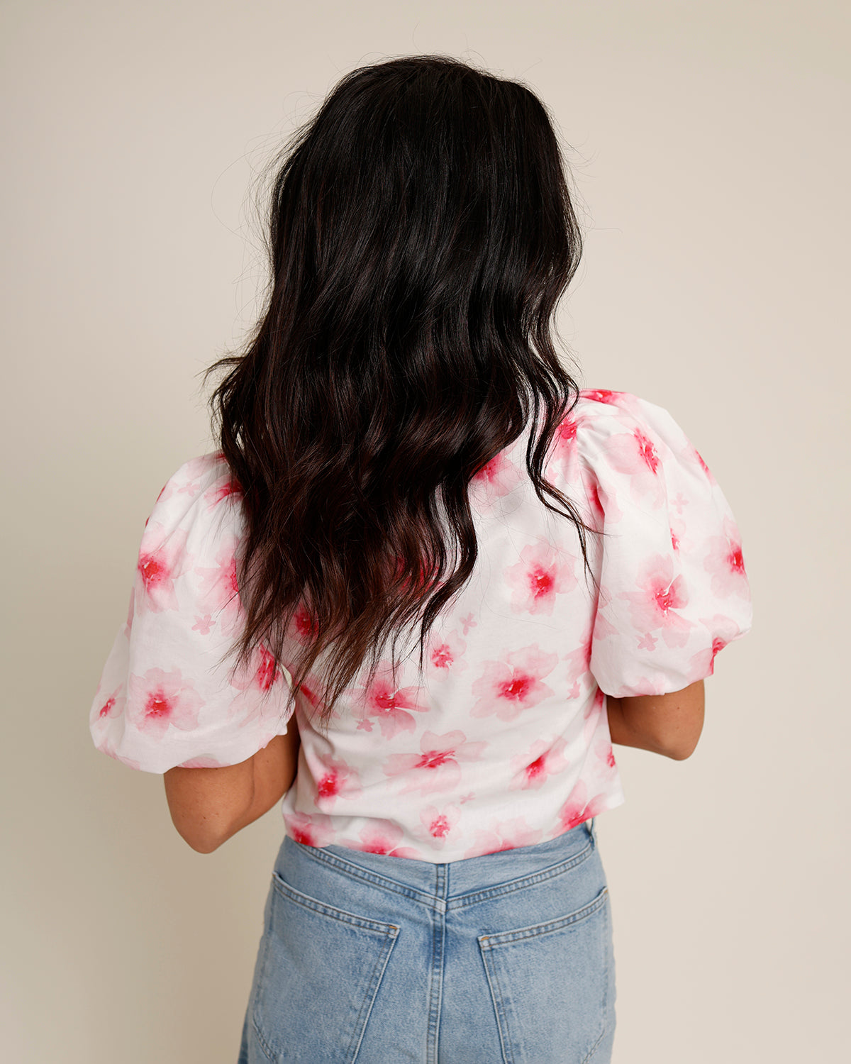 pink floral print puff sleeve tie front top