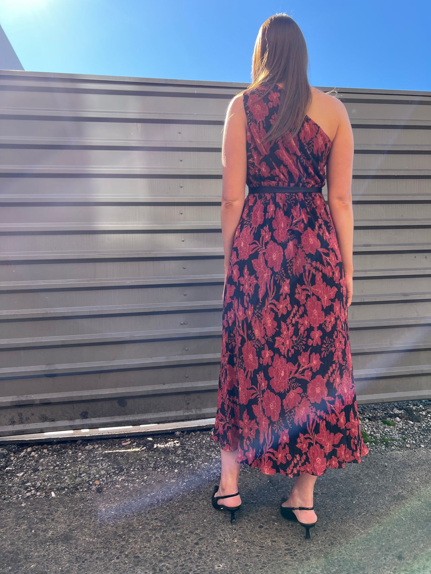 comfortable red floral midi dress