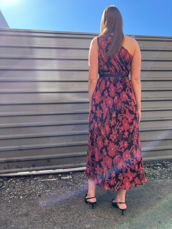 comfortable red floral midi dress