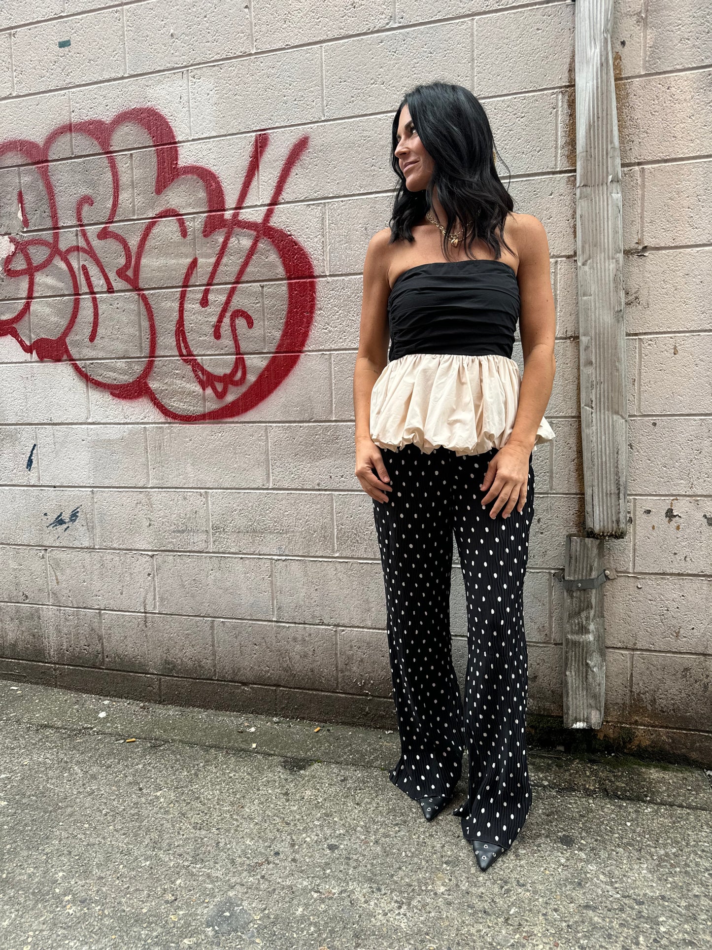 polka dot pleated elastic waist pant