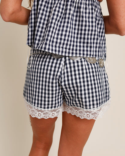 NIA BUD NAVY GINGHAM LACE TRIM SHORT