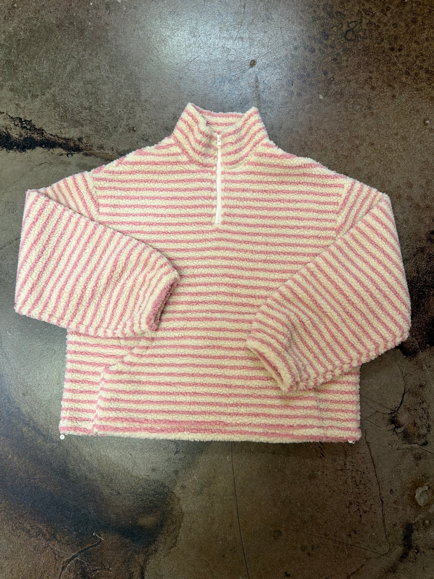 Pink and cream striped sherpa quarter-zip pullover sweater by Bailey Rose