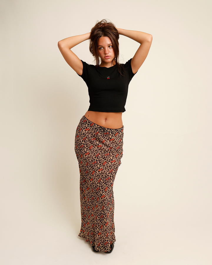 FERAH LEOPARD & CHERRY PRINT LACE TRIM MIDI SKIRT