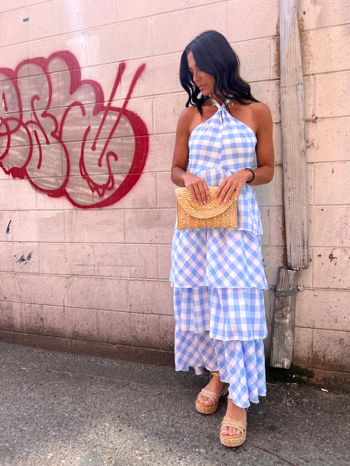 blue gingham tiered maxi dress