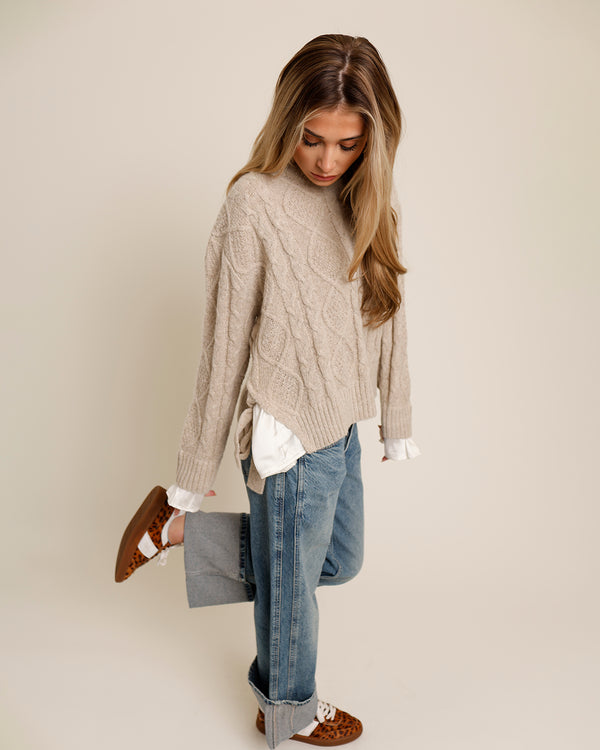 LAYERED CABLE KNIT PULLOVER X BEIGE