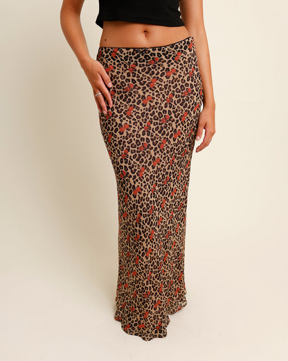 FERAH LEOPARD & CHERRY PRINT LACE TRIM MIDI SKIRT