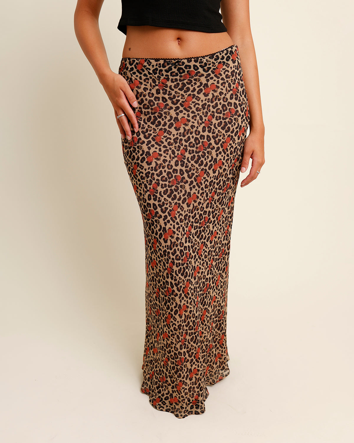 FERAH LEOPARD & CHERRY PRINT LACE TRIM MIDI SKIRT
