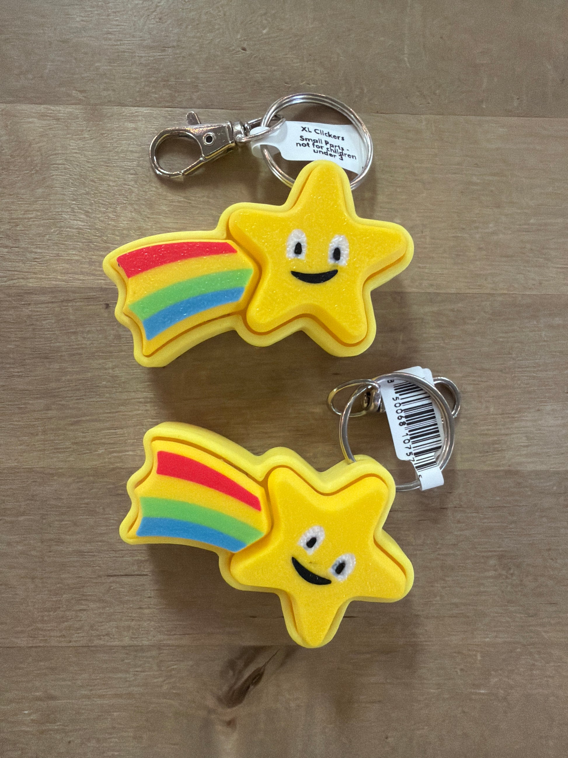 Yellow shooting star rainbow keychain clicker fidget toy with smiley face, XL size