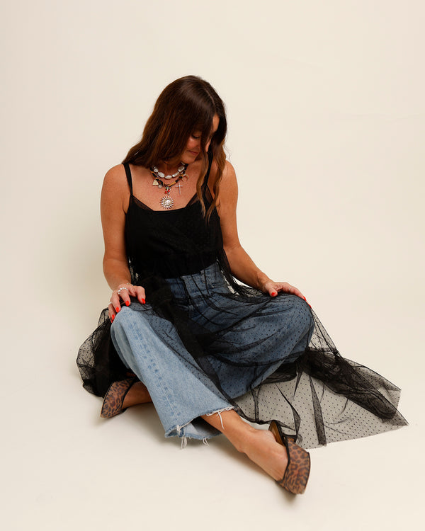 ISABELLE BLACK SHEER OVERLAY MIDI DRESS