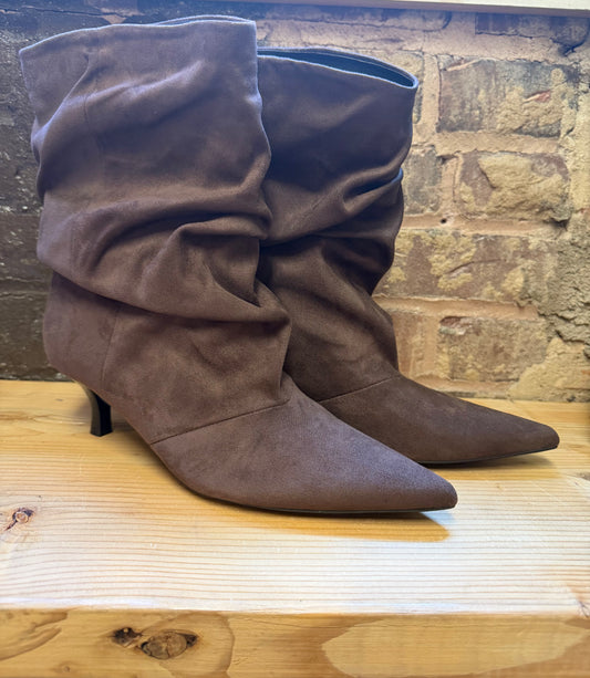 Brown suede slouch booties with pointed toe and small kitten heel
