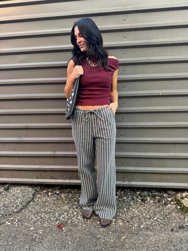 STRIPE DRAWSTRING WIDE LEG PANTS