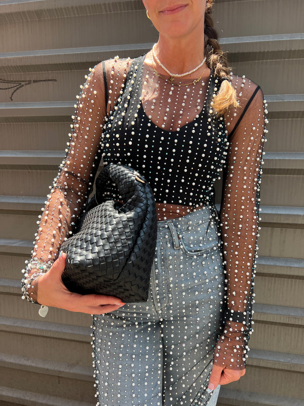 PEARLS AND RHINESTONES BLACK MESH DRESS- THE HIP EAGLE BOUTIQUE 