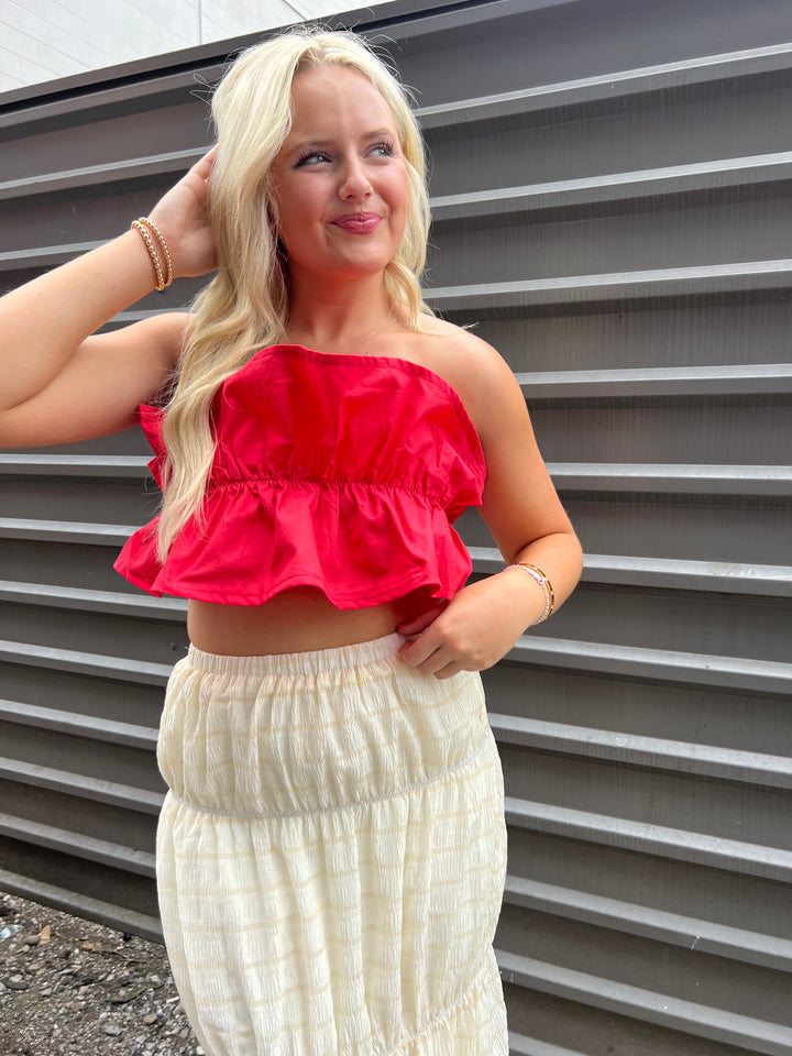 CHERRY ME HOME RED RUFFLED TUBE TOP - THE HIP EAGLE BOUTIQUE