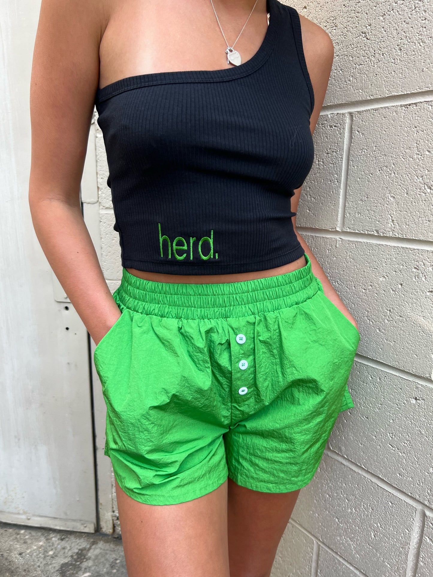 VINTAGE CHEER NYLON SHORTS IN GREEN - THE HIP EAGLE BOUTIQUE