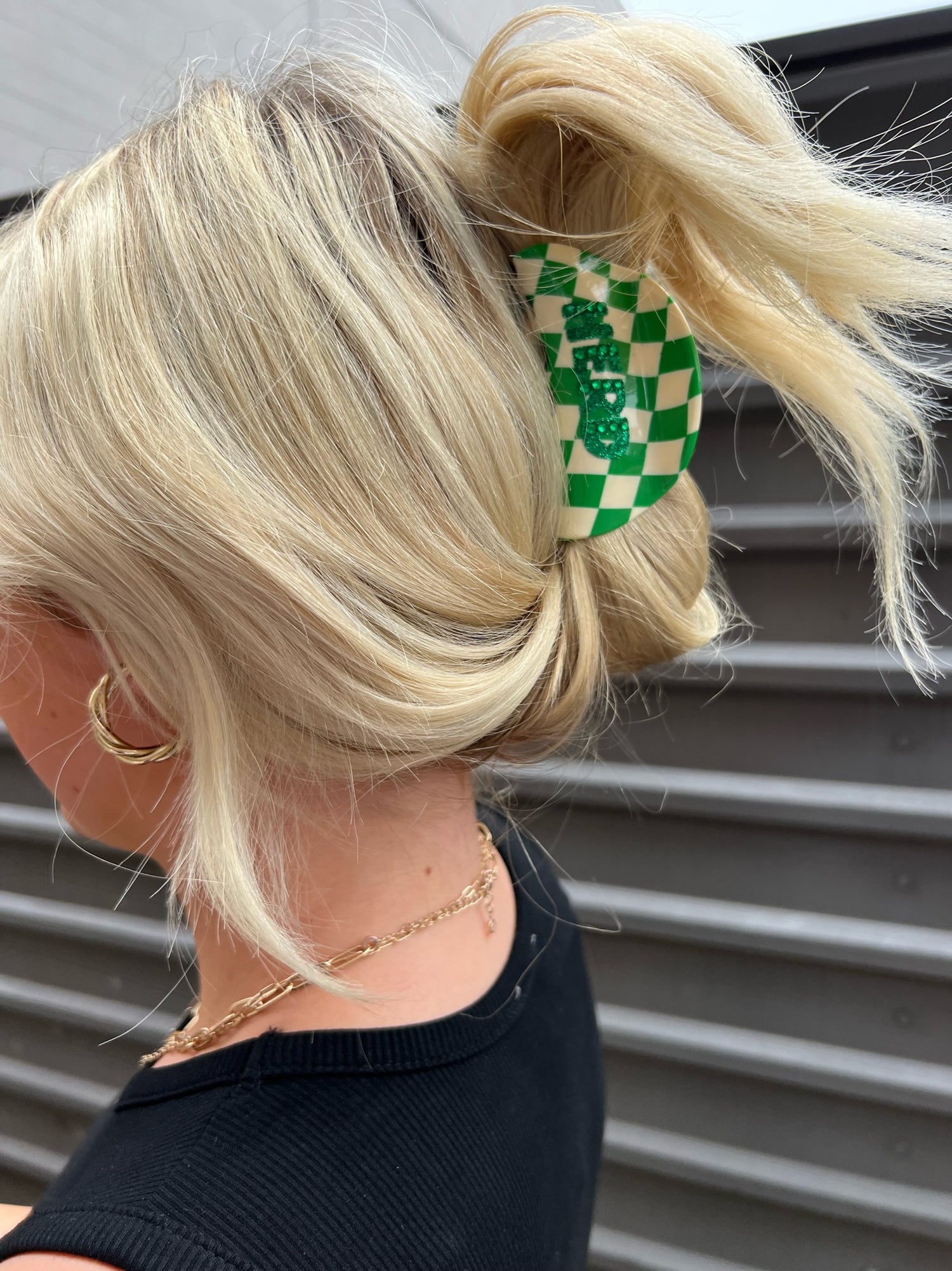 MARSHALL GAME DAY GREEN CHECKERED HAIR CLIP - THE HIP EAGLE BOUTIQUE 