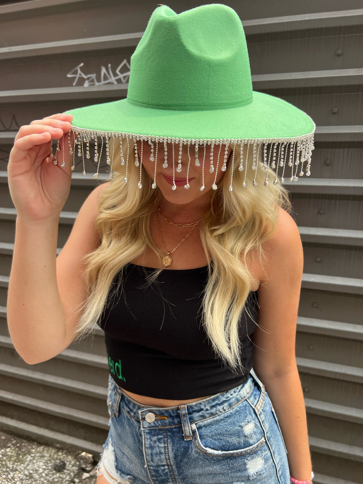 KELLY GREEN RHINESTONE FRINGE COWBOY HAT - THE HIP EAGLE BOUTIQUE
