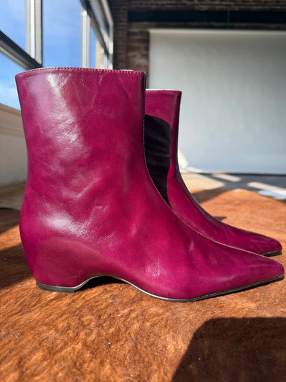Steve Madden maroon leather ankle booties with pointed toe and wedge heel
