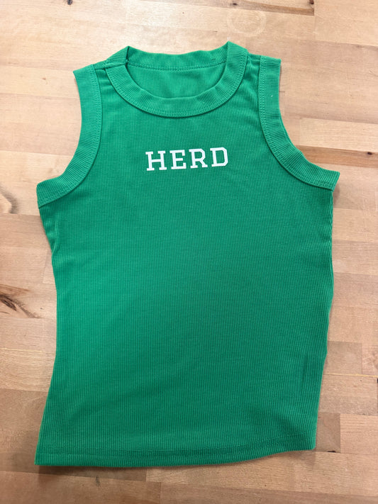 Kelly green ribbed sleeveless tank top with white HERD graphic on chest