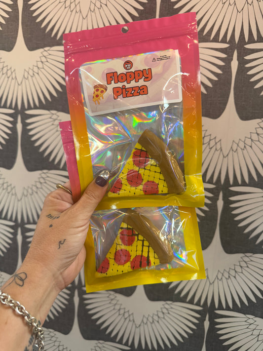 PYE Games Floppy Pizza fidget toy, two pizza slice shaped flexible toys in holographic packaging