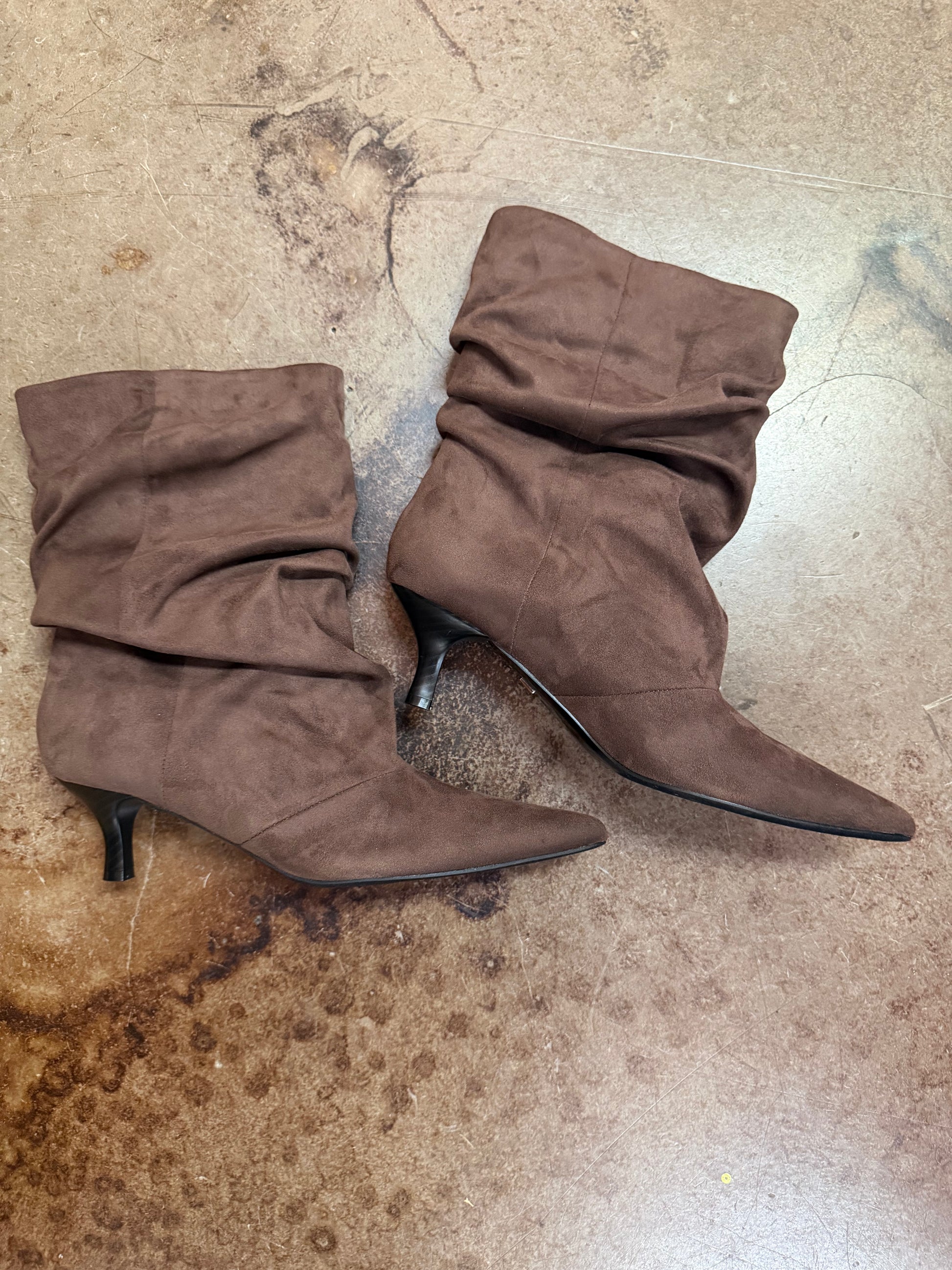 Brown suede slouch booties with pointed toe and kitten heel