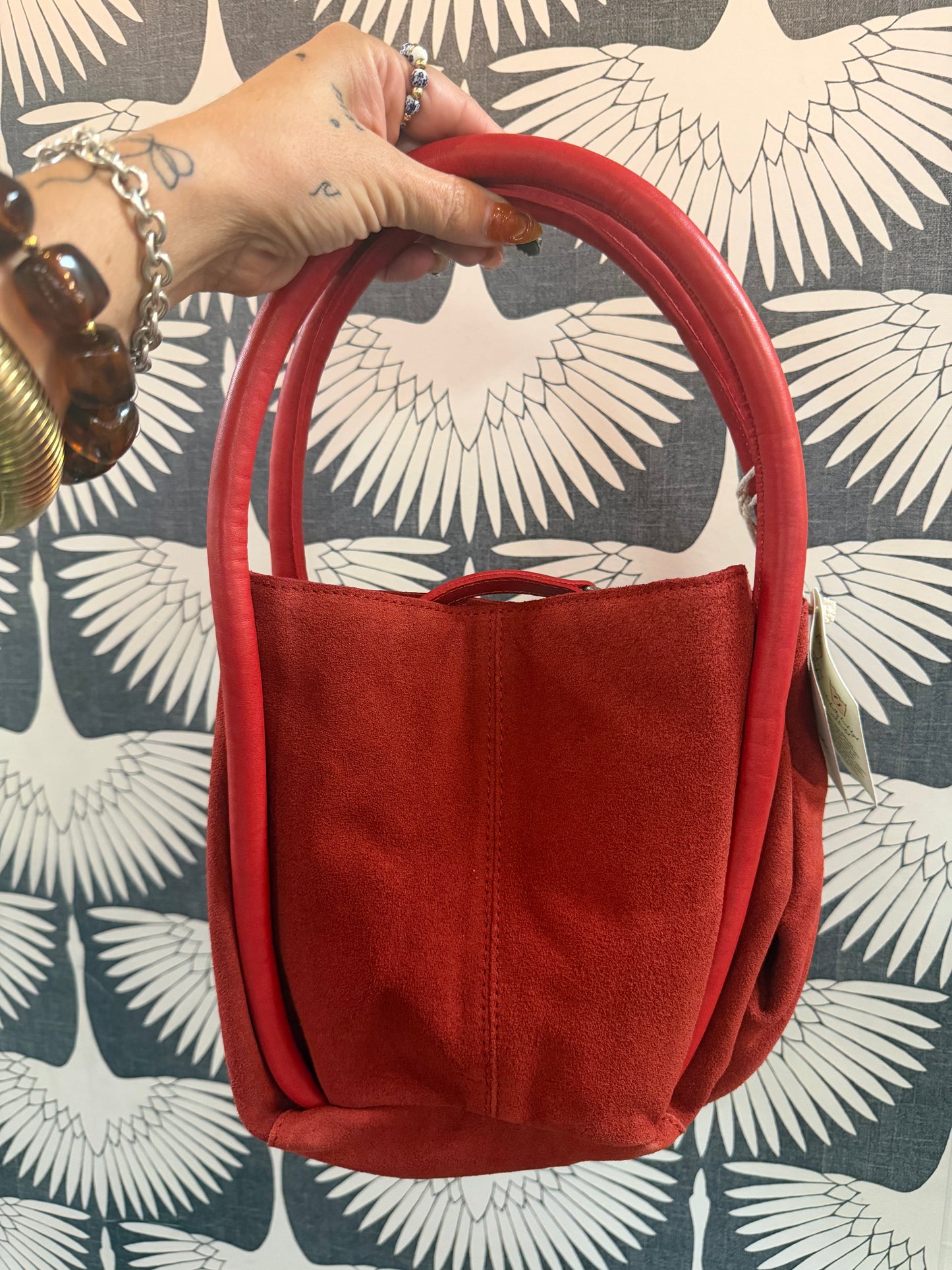 FREE PEOPLE BARLOW SUEDE BUCKET BAG X RED