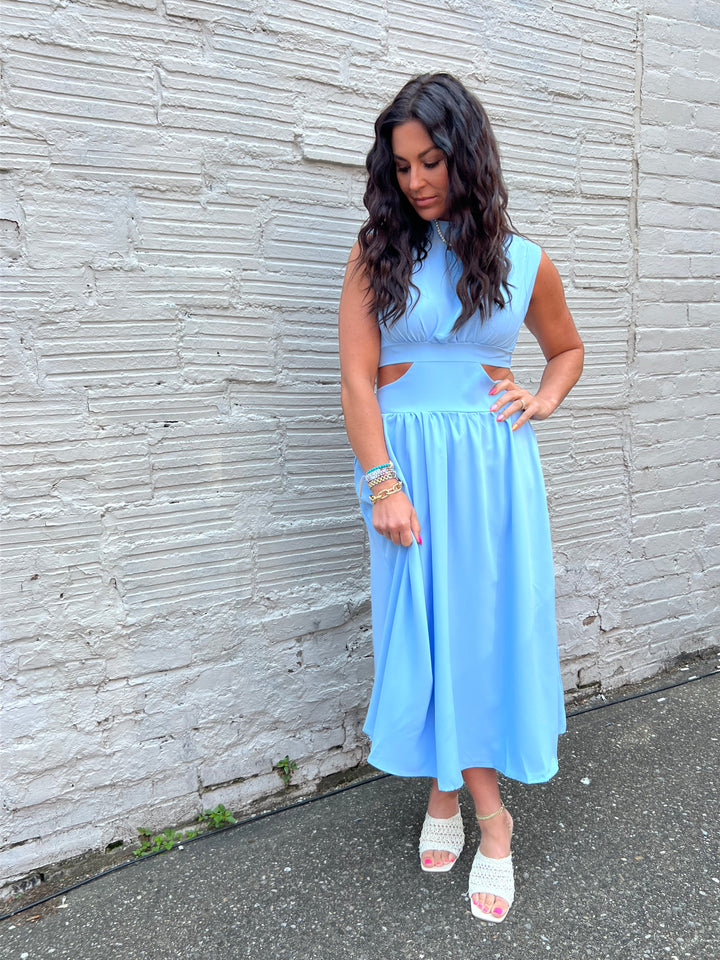 DAYTIME DRESS SOLID BLUE HIGH NECK MIDI - THE HIP EAGLE BOUTIQUE