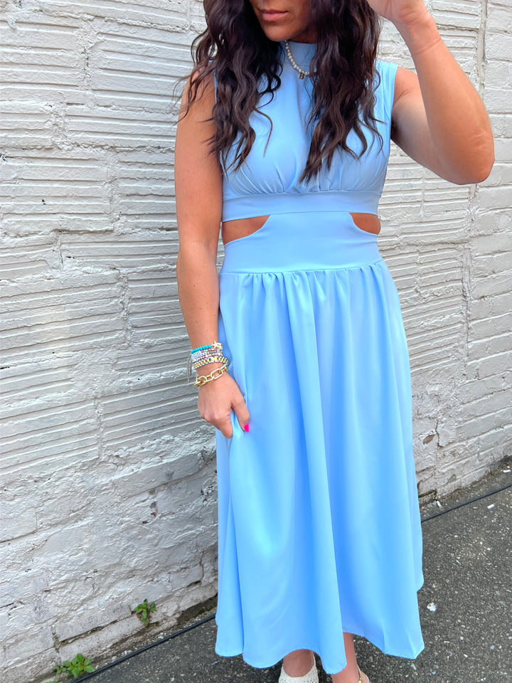 DAYTIME DRESS SOLID BLUE HIGH NECK MIDI - THE HIP EAGLE BOUTIQUE