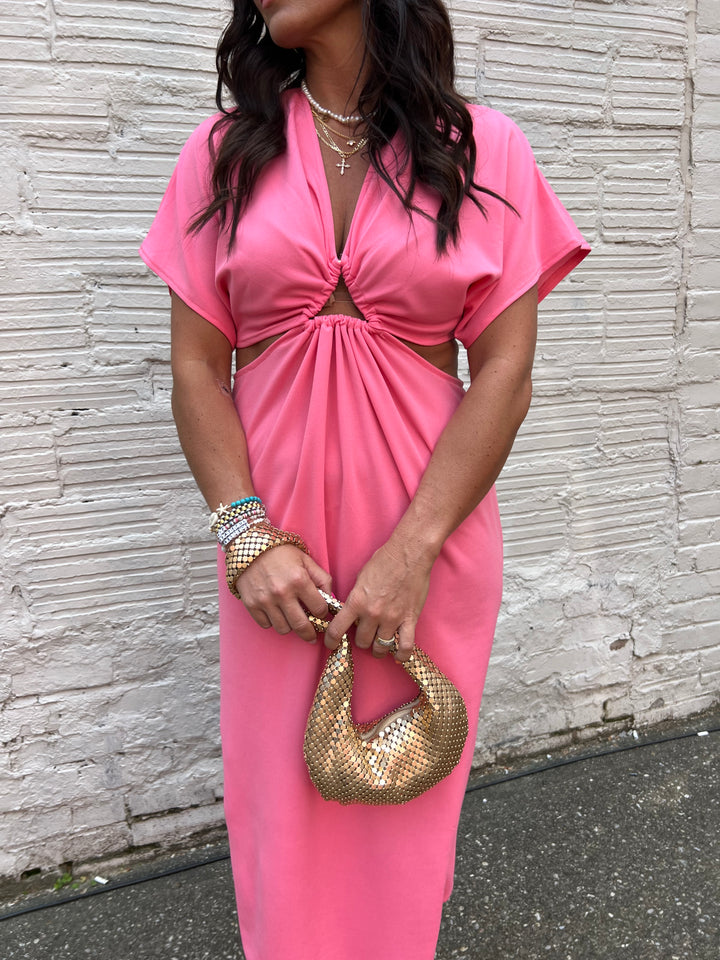 FIRST CLASS SOLID PINK CUT OUT MIDI DRESS - THE HIP EAGLE BOUTIQUE