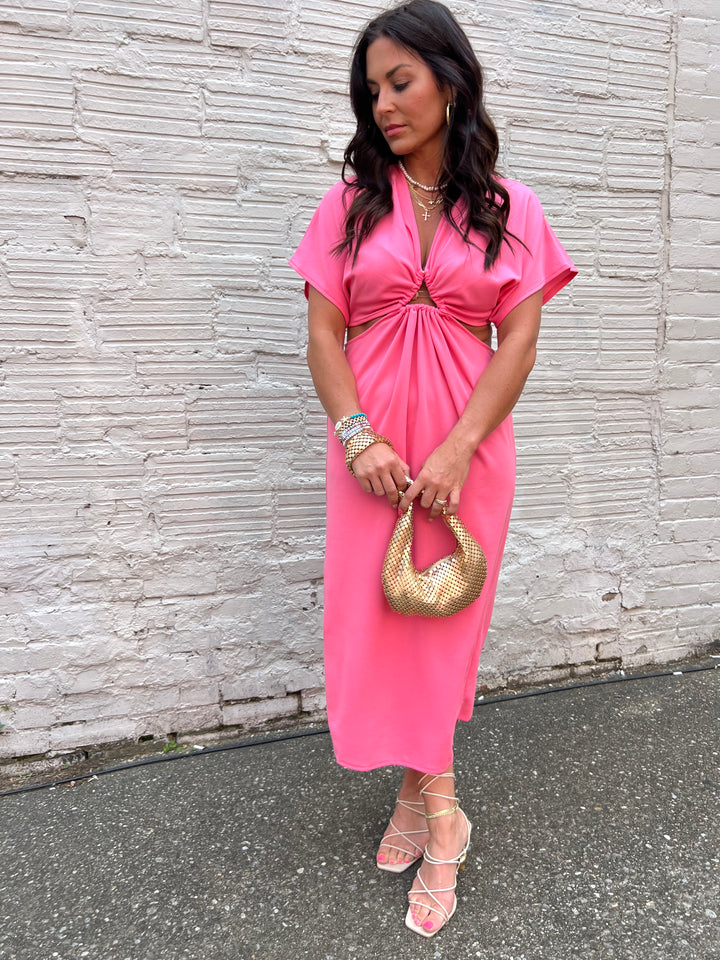 FIRST CLASS SOLID PINK CUT OUT MIDI DRESS - THE HIP EAGLE BOUTIQUE
