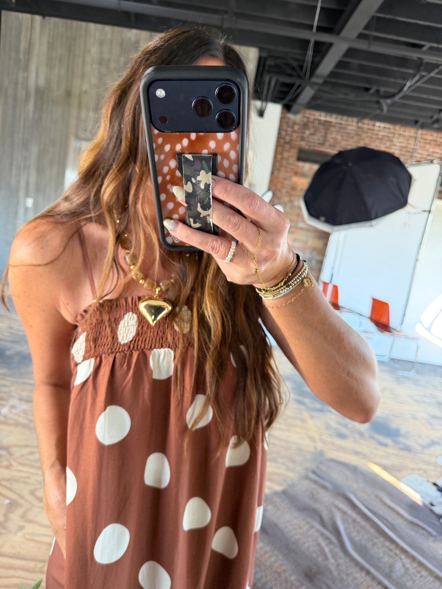 Brown and white polka dot smocked bodice maxi dress, sleeveless style