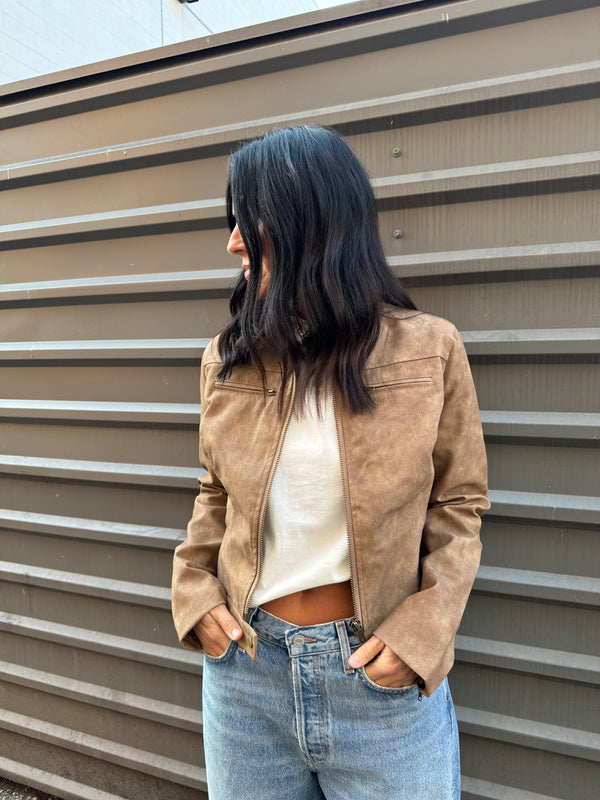 vintage brown suede faux leather moto jacket