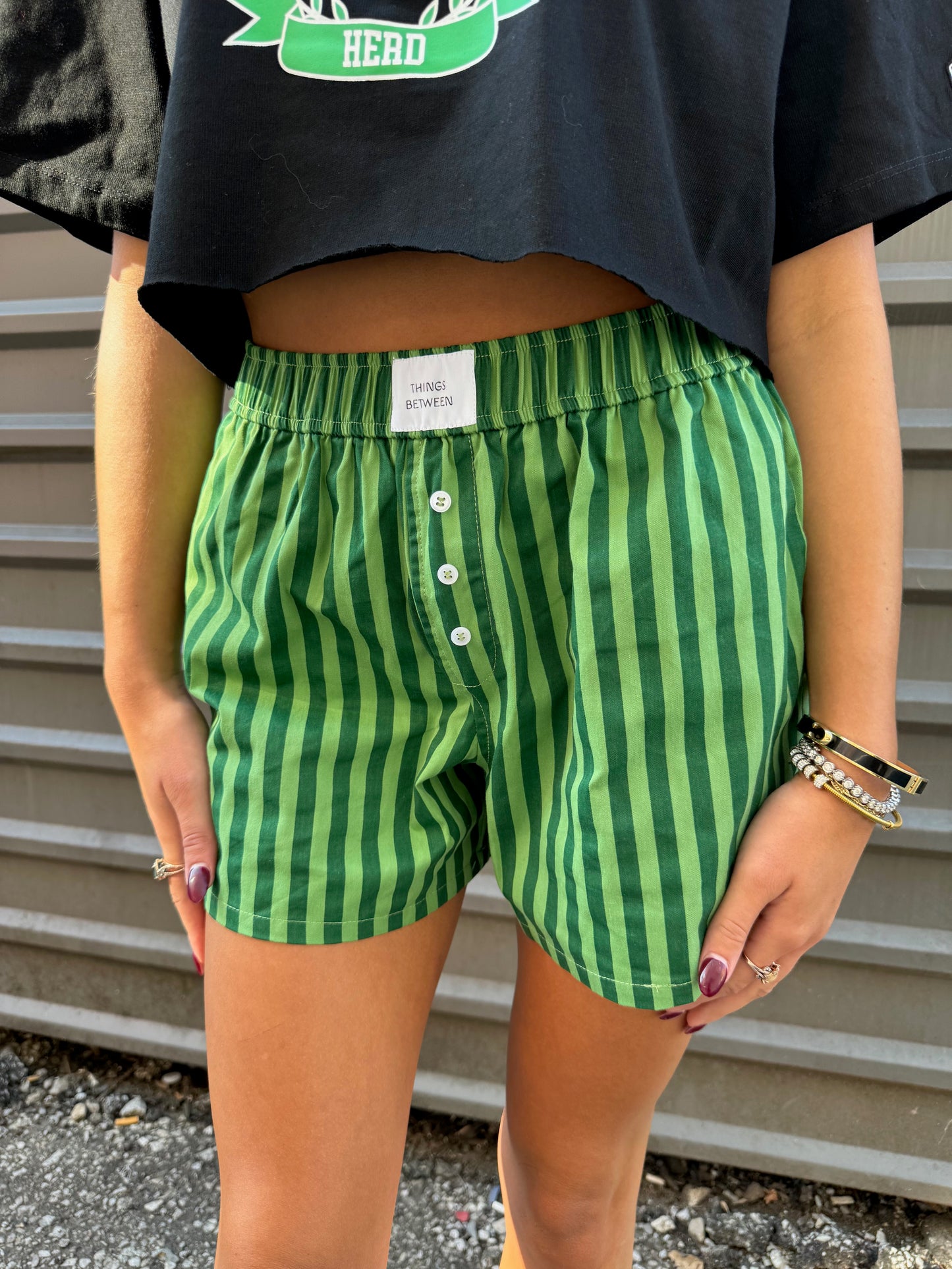 women's green striped boxer shorts
