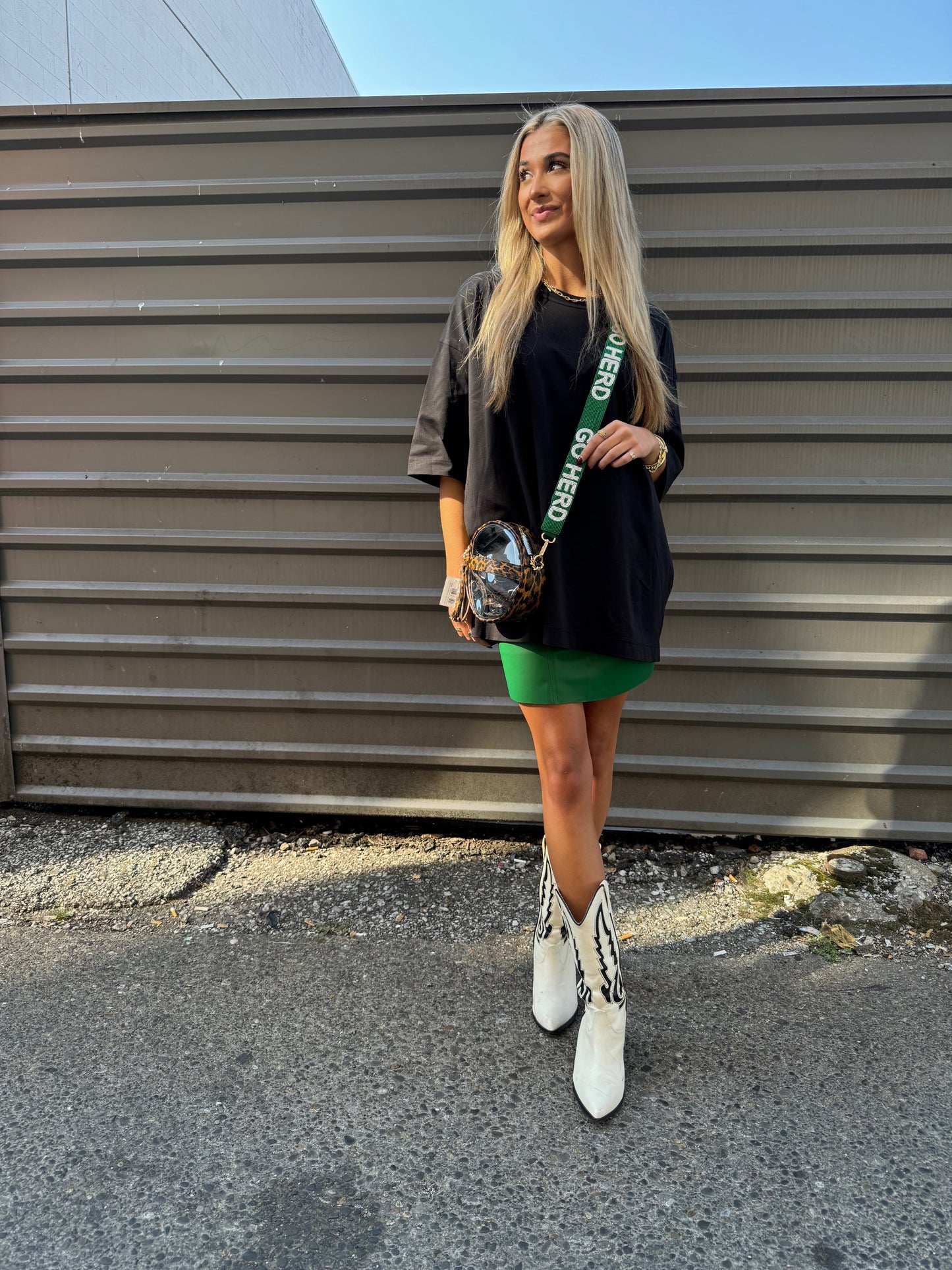 kelly green leather mini skirt