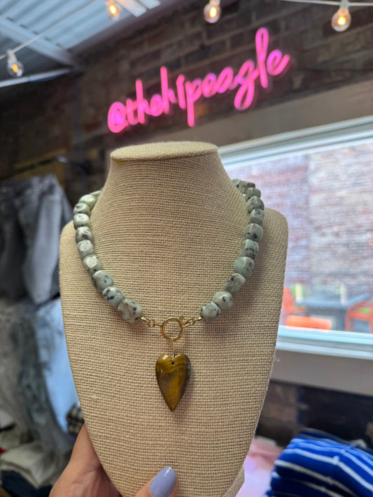 spotted jasper beaded necklace with brown gemstone heart pendant