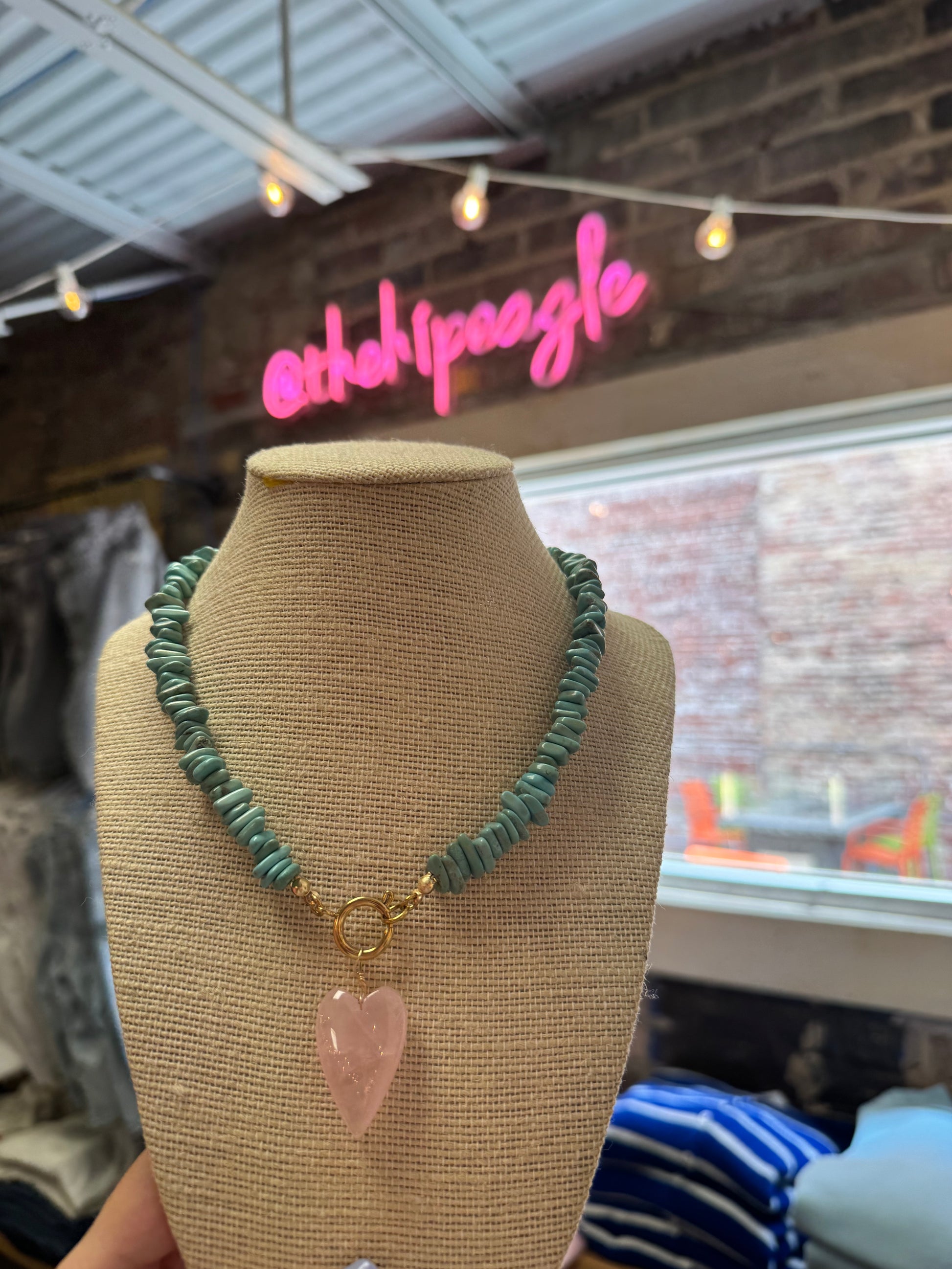 turquoise shell beaded necklace with pink gemstone heart pendant