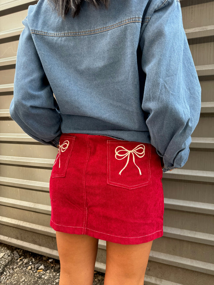 red corduroy bow mini skirt