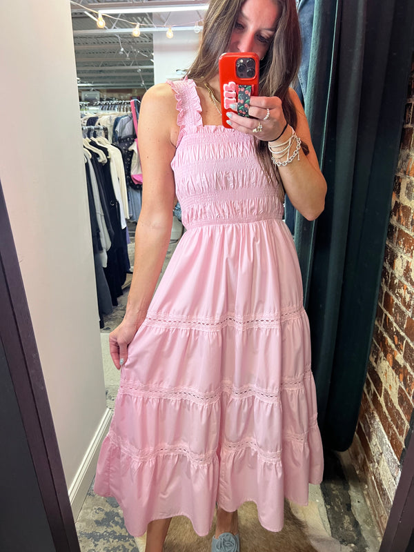 light pink tiered midi dress