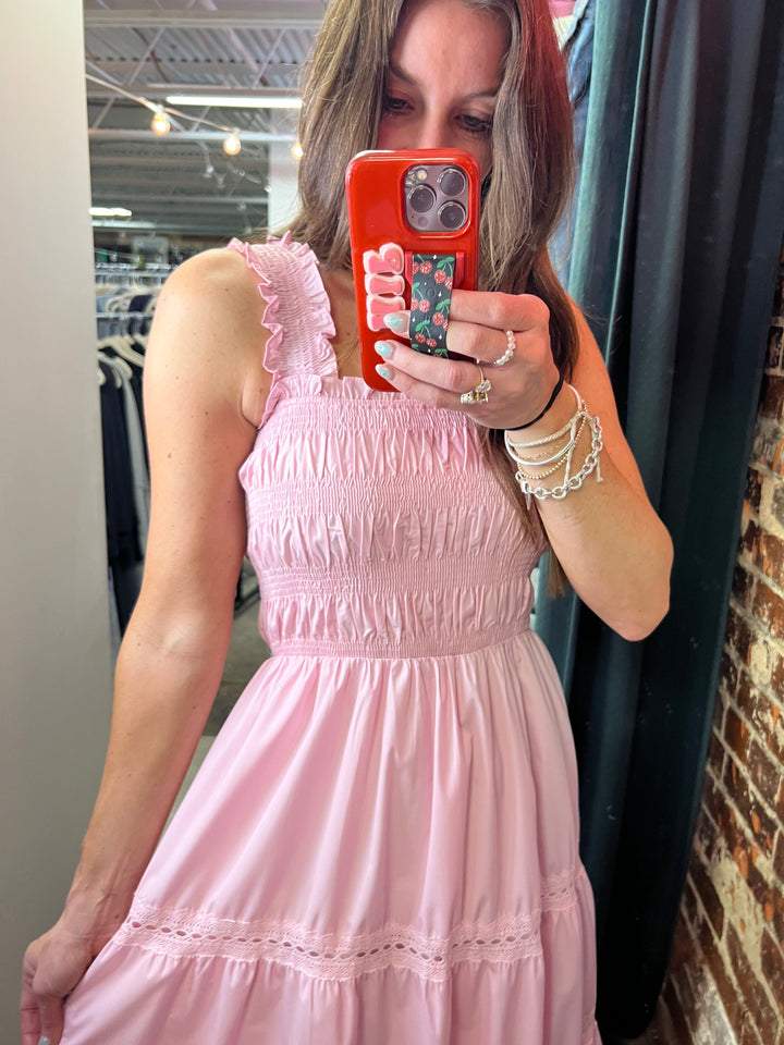 light pink ruched tiered midi dress