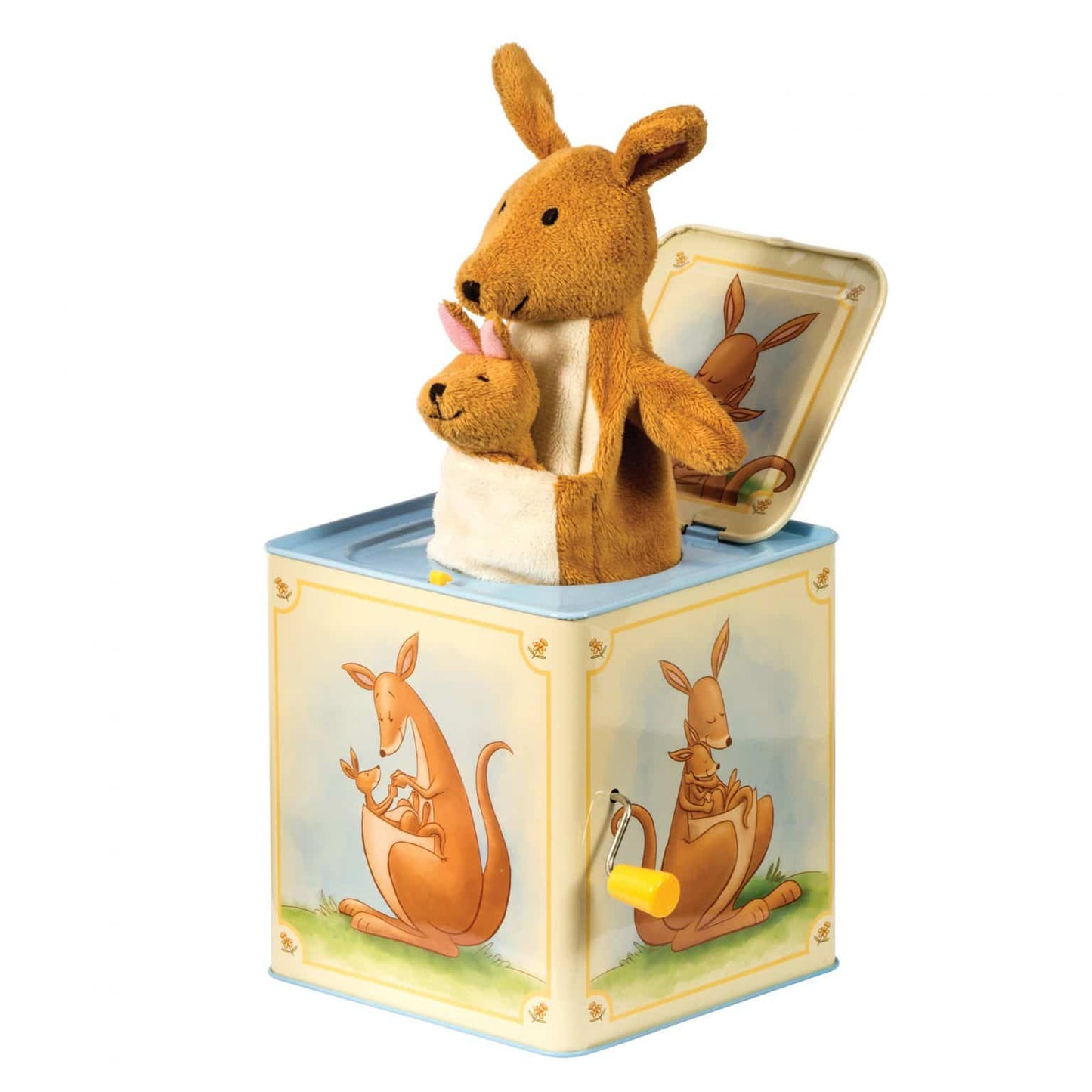Kangaroo jack-in-the-box toy with plush mama and joey popping from tin